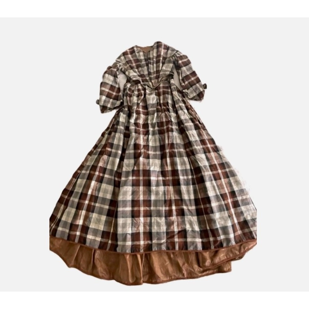 Antique Original Civil War Era 1860s Brown and Black Silk Plaid Dress Elegant